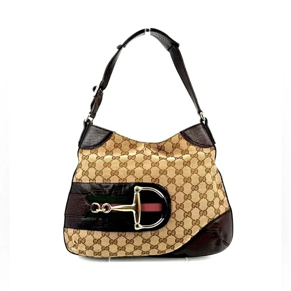 GUCCI Brown GG Sherri Horsebit Line Monogram Shoulder Tote Bag EUC - Picture 2 of 12